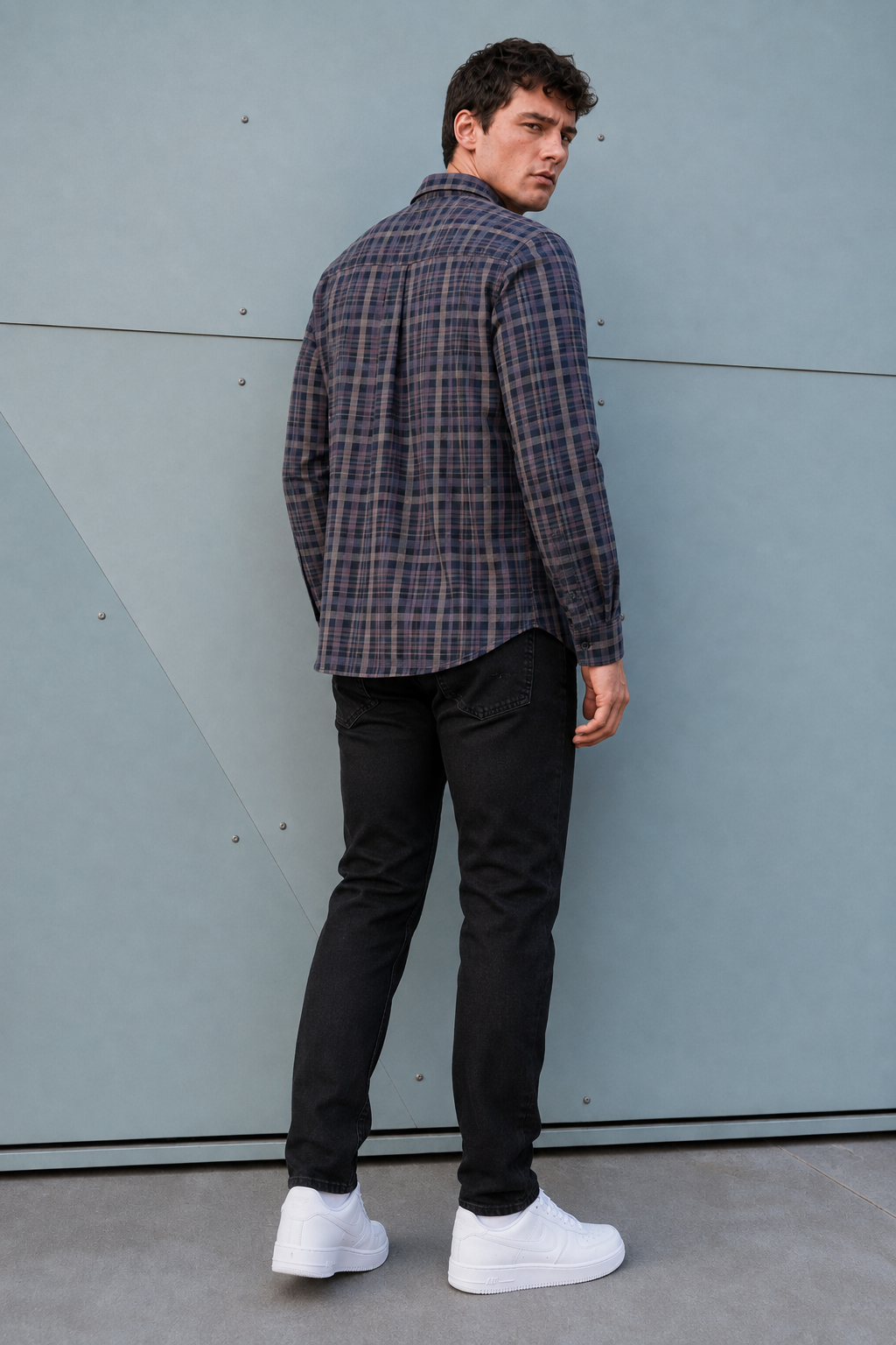 Men’s Navy Cotton Melange Check Full Sleeve Shirt | Regular Fit