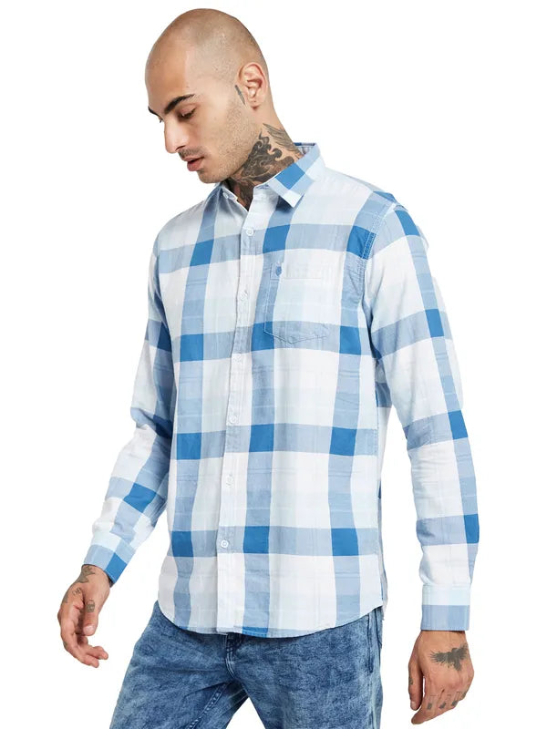 Mettle Spread Collar Checked Cotton Casual Shirt