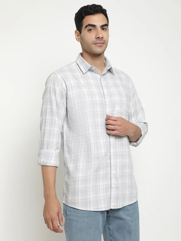 Mettle Men Blue Grid Tattersall Checks Opaque Checked Casual Shirt