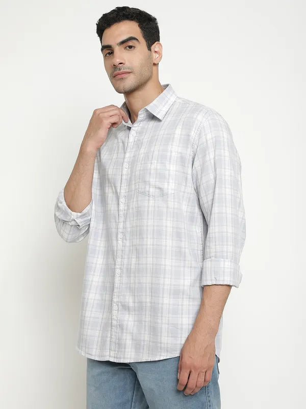 Mettle Men Blue Grid Tattersall Checks Opaque Checked Casual Shirt