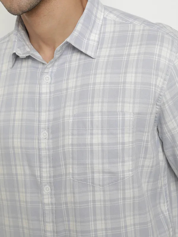 Mettle Men Blue Grid Tattersall Checks Opaque Checked Casual Shirt