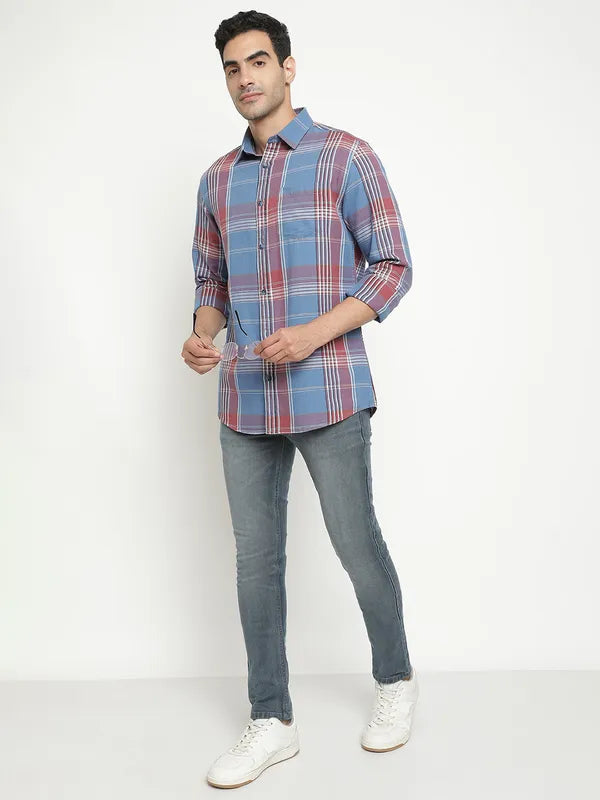 Mettle Men Blue Tartan Checks Opaque Checked Casual Shirt