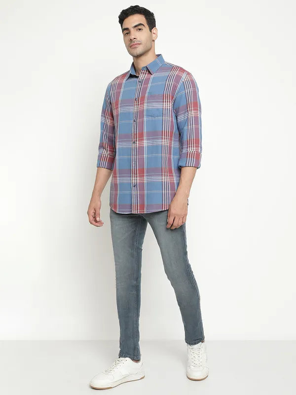 Mettle Men Blue Tartan Checks Opaque Checked Casual Shirt