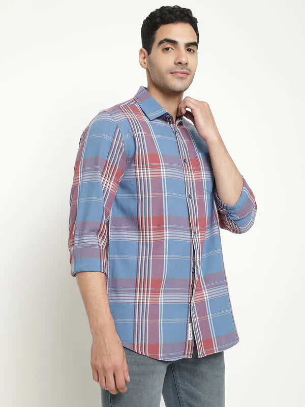 Mettle Men Blue Tartan Checks Opaque Checked Casual Shirt