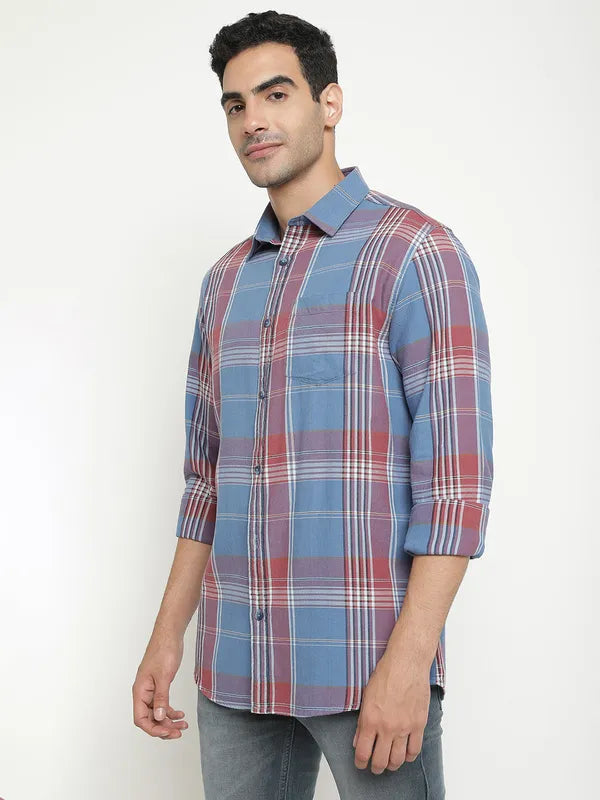 Mettle Men Blue Tartan Checks Opaque Checked Casual Shirt