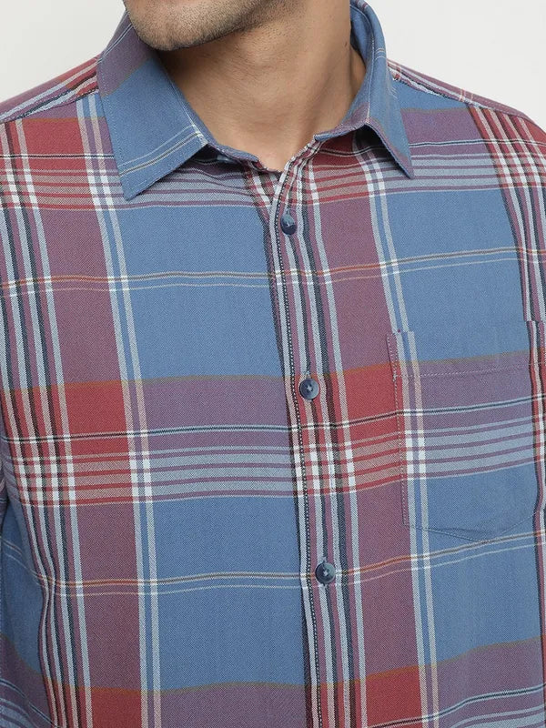 Mettle Men Blue Tartan Checks Opaque Checked Casual Shirt