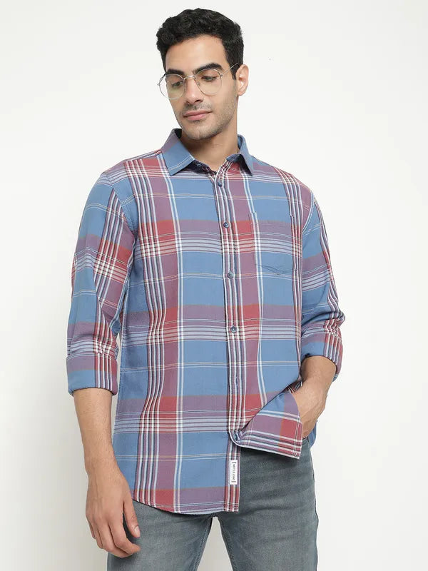 Mettle Men Blue Tartan Checks Opaque Checked Casual Shirt