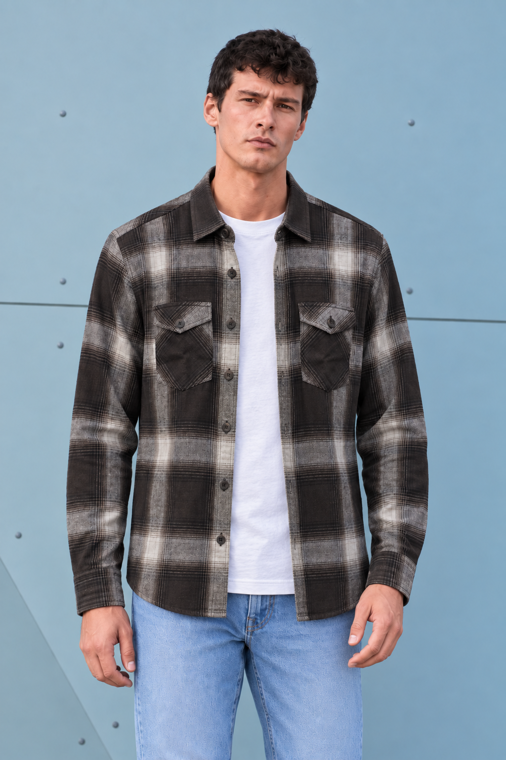 Men’s Espresso Twill Check Shirt – Regular Fit Full Sleeve Casual Shirt