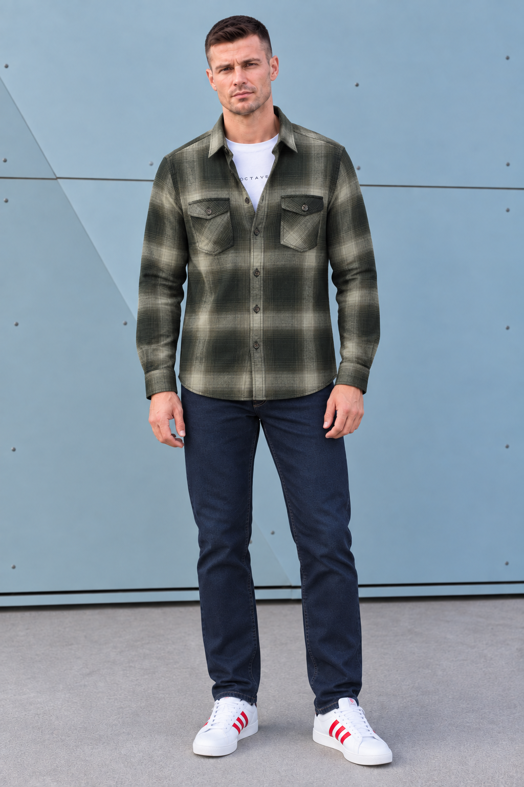 Men’s Olive Twill Check Shirt – Regular Fit Full Sleeve Casual Shirt