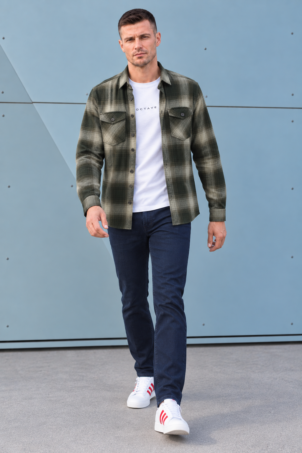 Men’s Olive Twill Check Shirt – Regular Fit Full Sleeve Casual Shirt