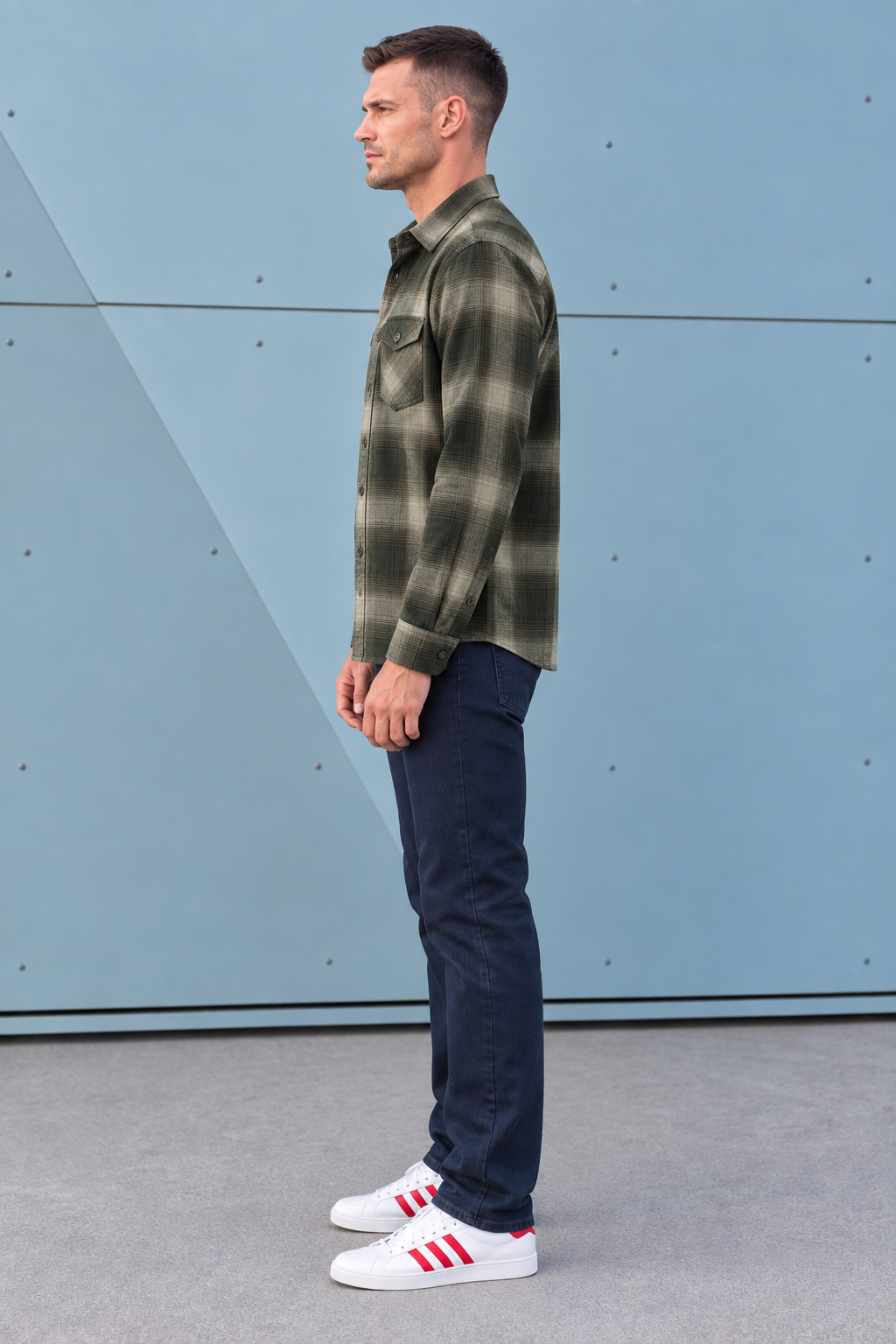 Men’s Olive Twill Check Shirt – Regular Fit Full Sleeve Casual Shirt