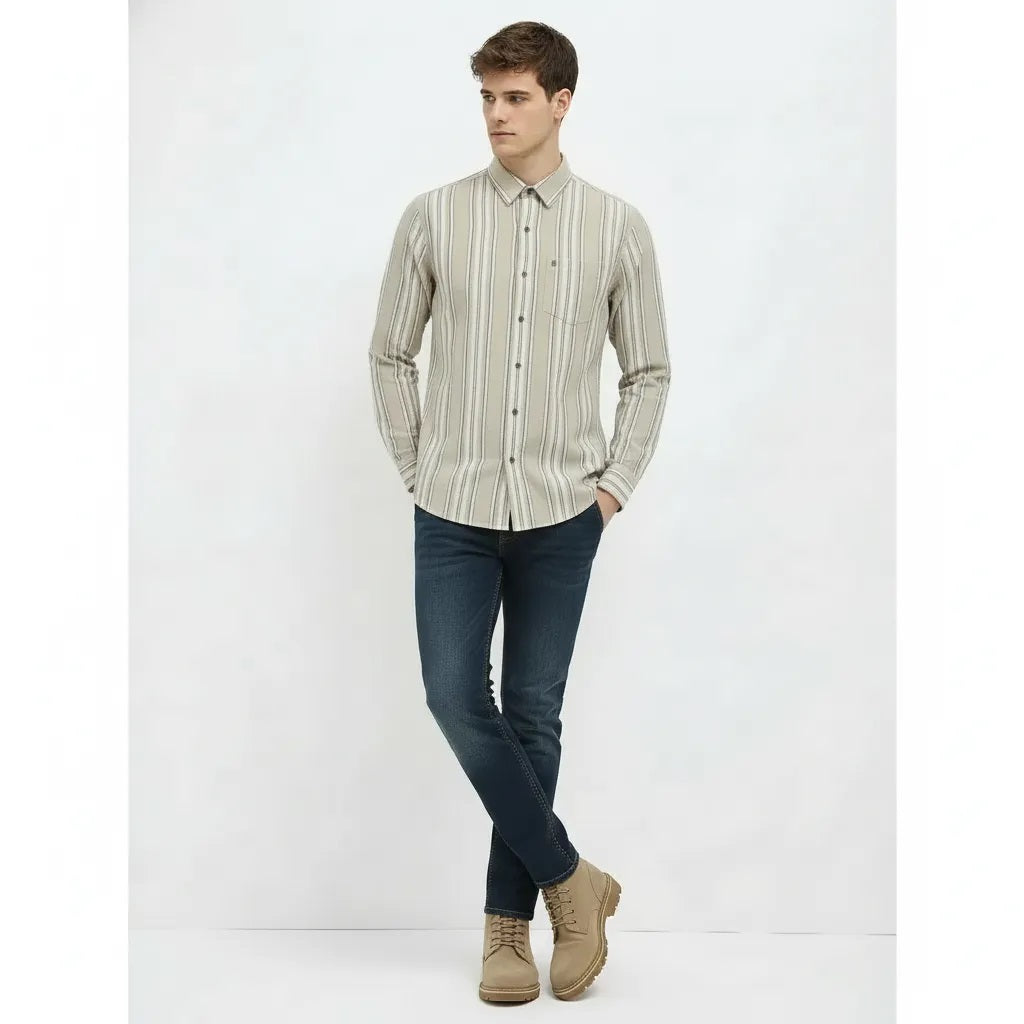 Men Natural Striped Polo Neck Shirt