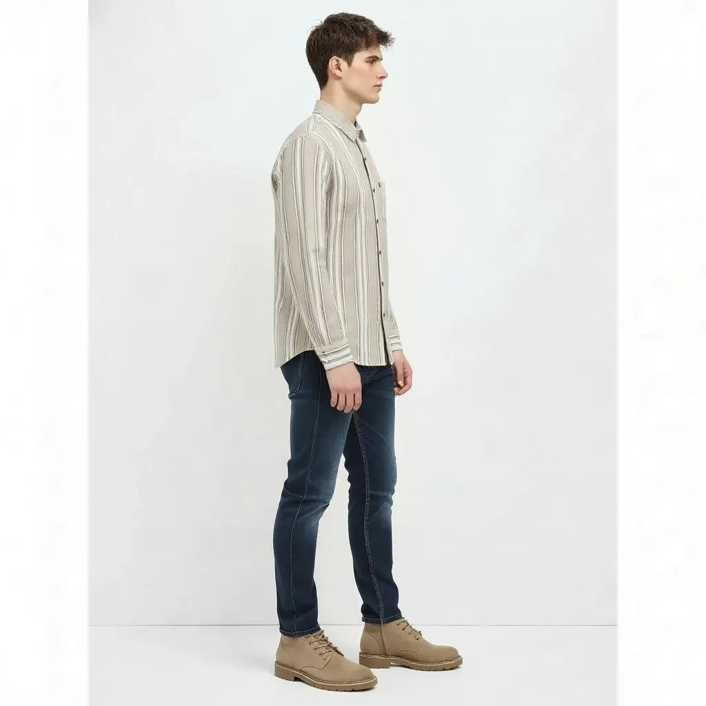 Men Natural Striped Polo Neck Shirt