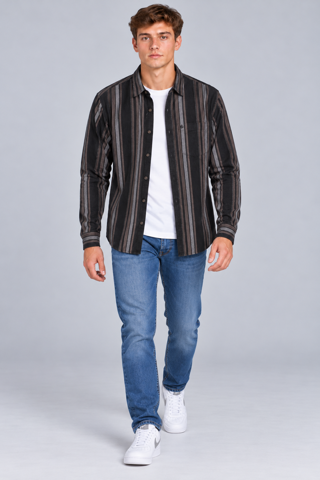 Men's Regular Fit Corduroy Vertical Striped Full Sleeve Shirt with Spread Collar and Chest Pocket – Black