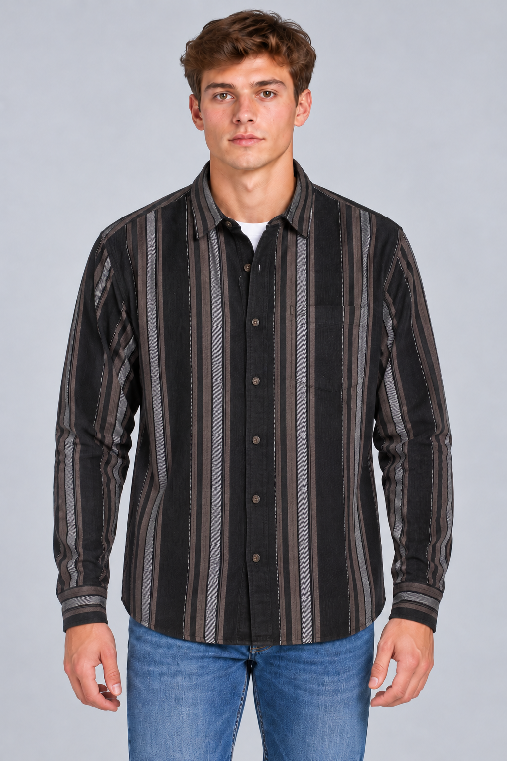 Men's Regular Fit Corduroy Vertical Striped Full Sleeve Shirt with Spread Collar and Chest Pocket – Black