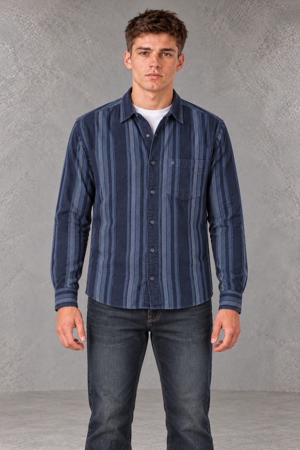 Men's Regular Fit Corduroy Vertical Striped Full Sleeve Shirt with Spread Collar & Chest Pocket – Navy