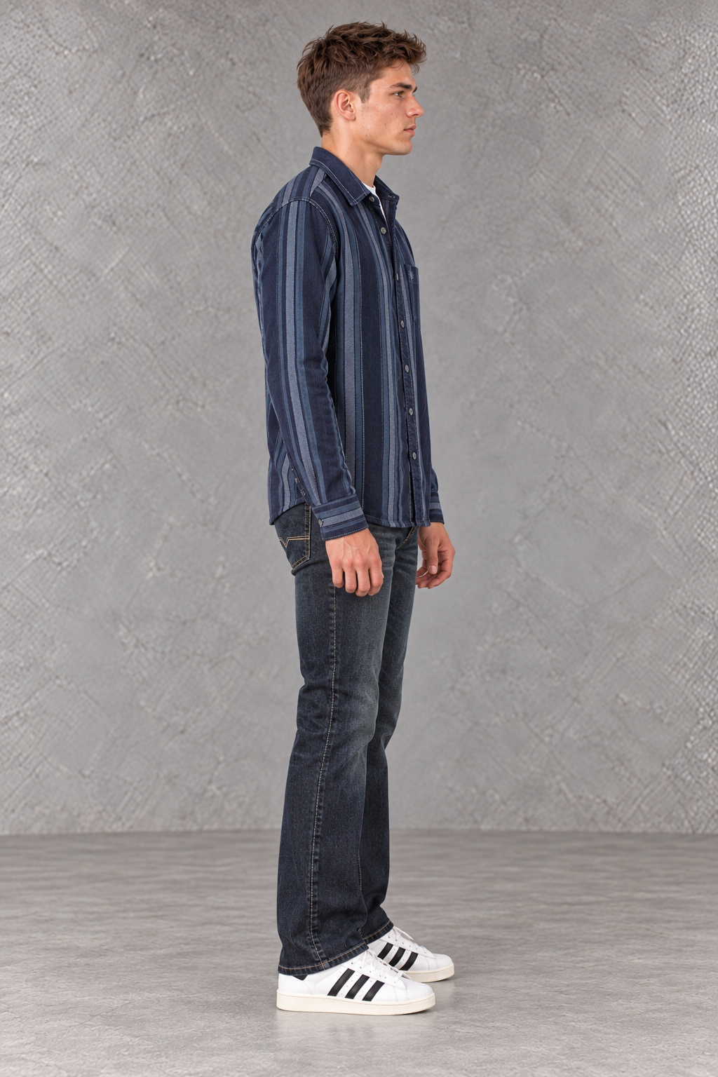 Men's Regular Fit Corduroy Vertical Striped Full Sleeve Shirt with Spread Collar & Chest Pocket – Navy