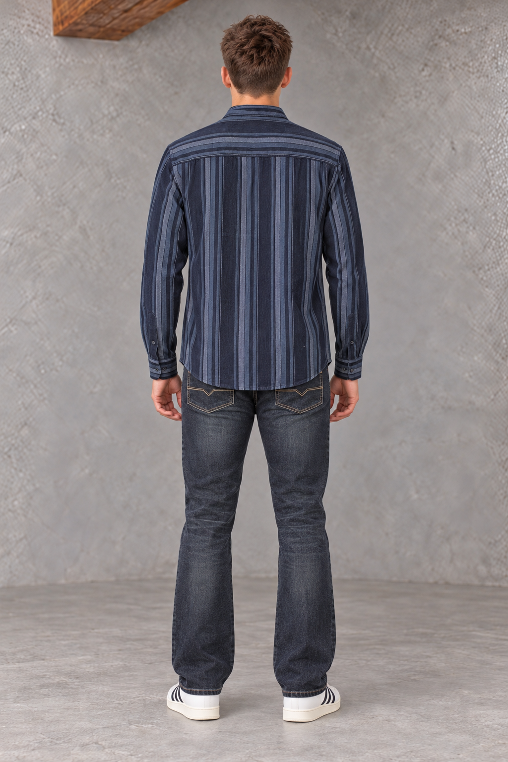 Men's Regular Fit Corduroy Vertical Striped Full Sleeve Shirt with Spread Collar & Chest Pocket – Navy