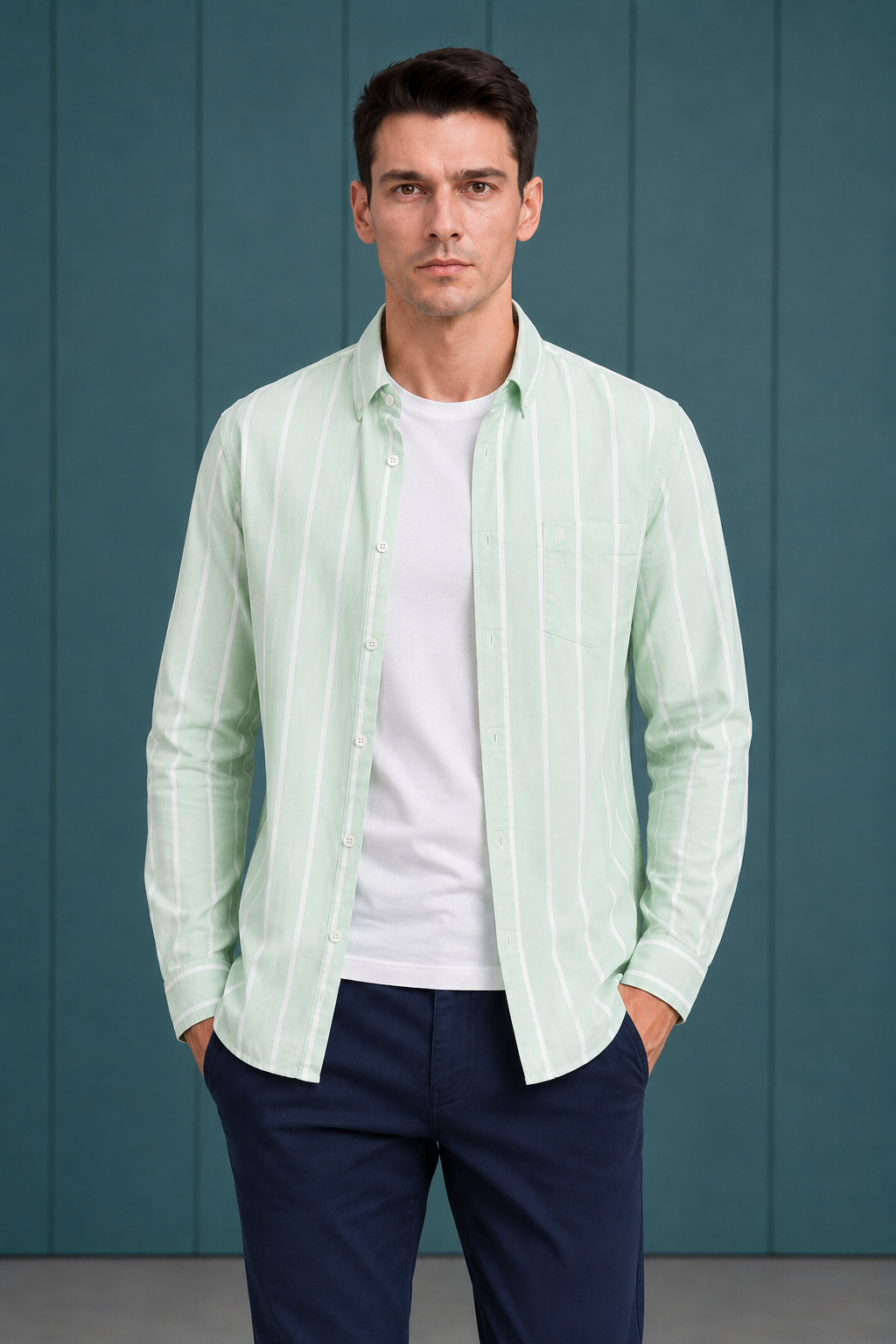 Men’s Mint Oxford Stripe Full Sleeve Shirt | Button-Down Collar Regular Fit