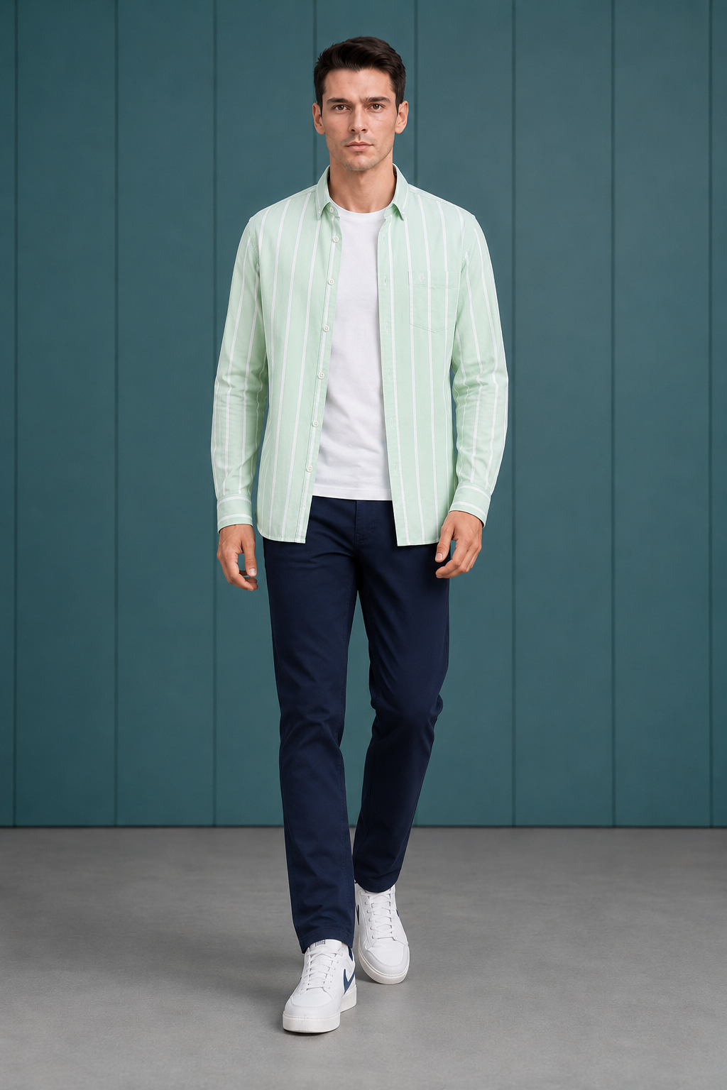 Men’s Mint Oxford Stripe Full Sleeve Shirt | Button-Down Collar Regular Fit