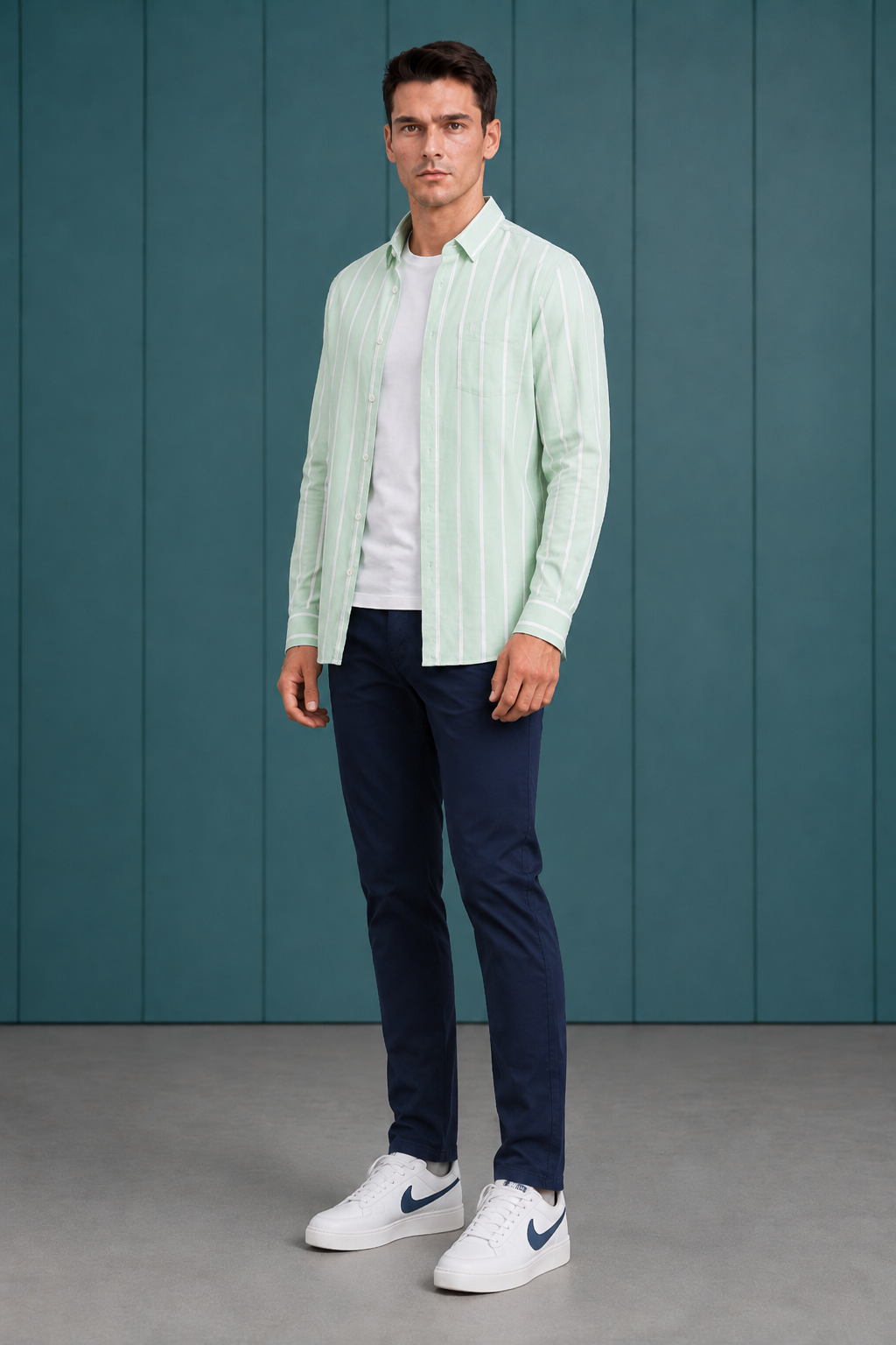 Men’s Mint Oxford Stripe Full Sleeve Shirt | Button-Down Collar Regular Fit