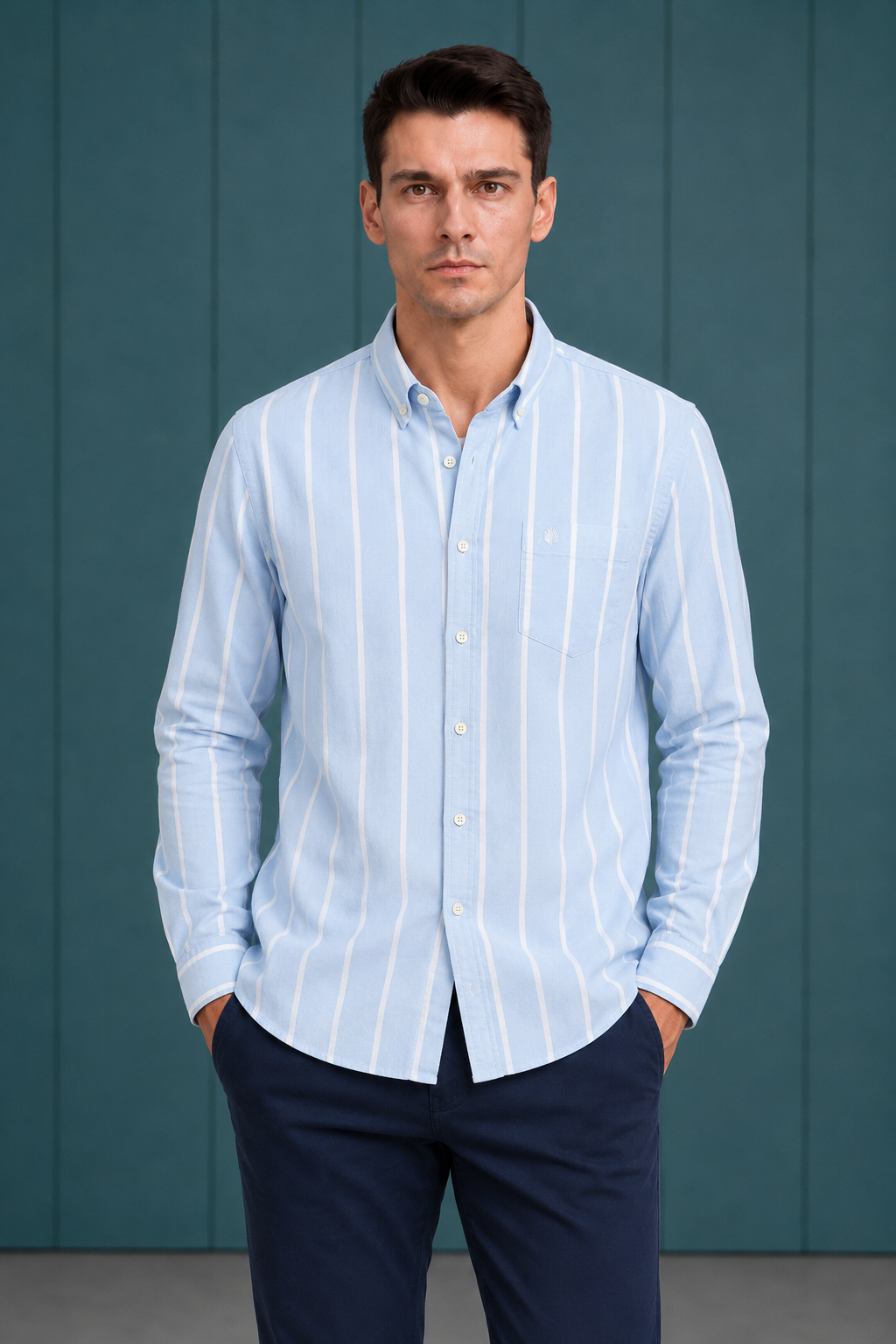 Men’s Sky Oxford Stripe Full Sleeve Shirt | Button-Down Collar Regular Fit