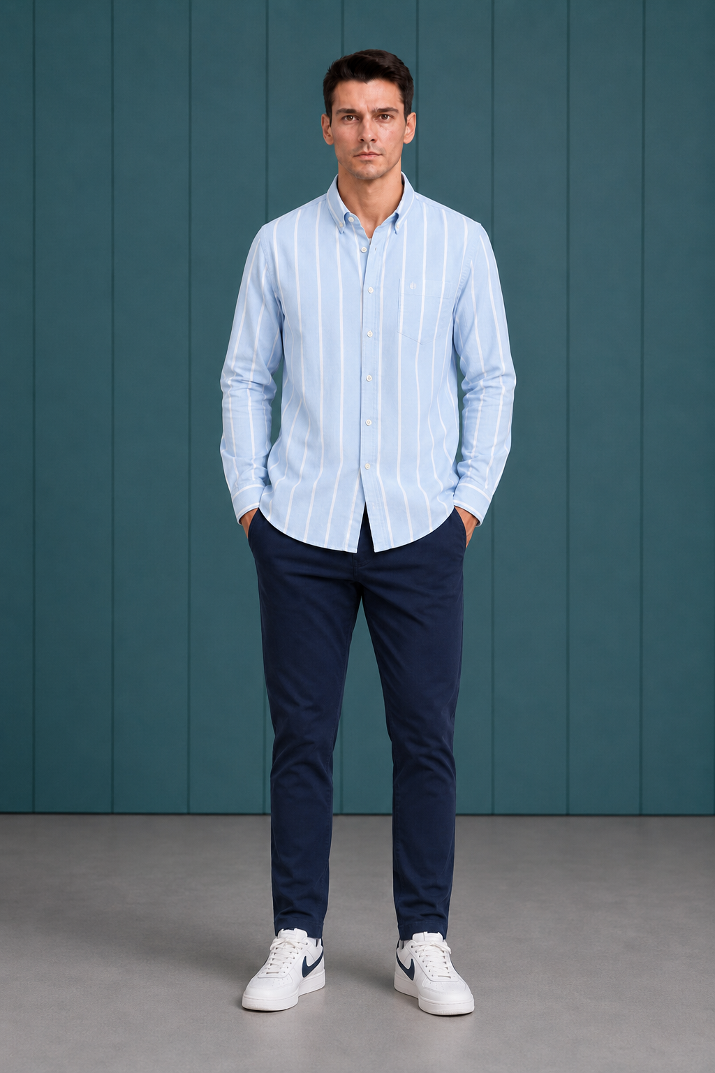 Men’s Sky Oxford Stripe Full Sleeve Shirt | Button-Down Collar Regular Fit