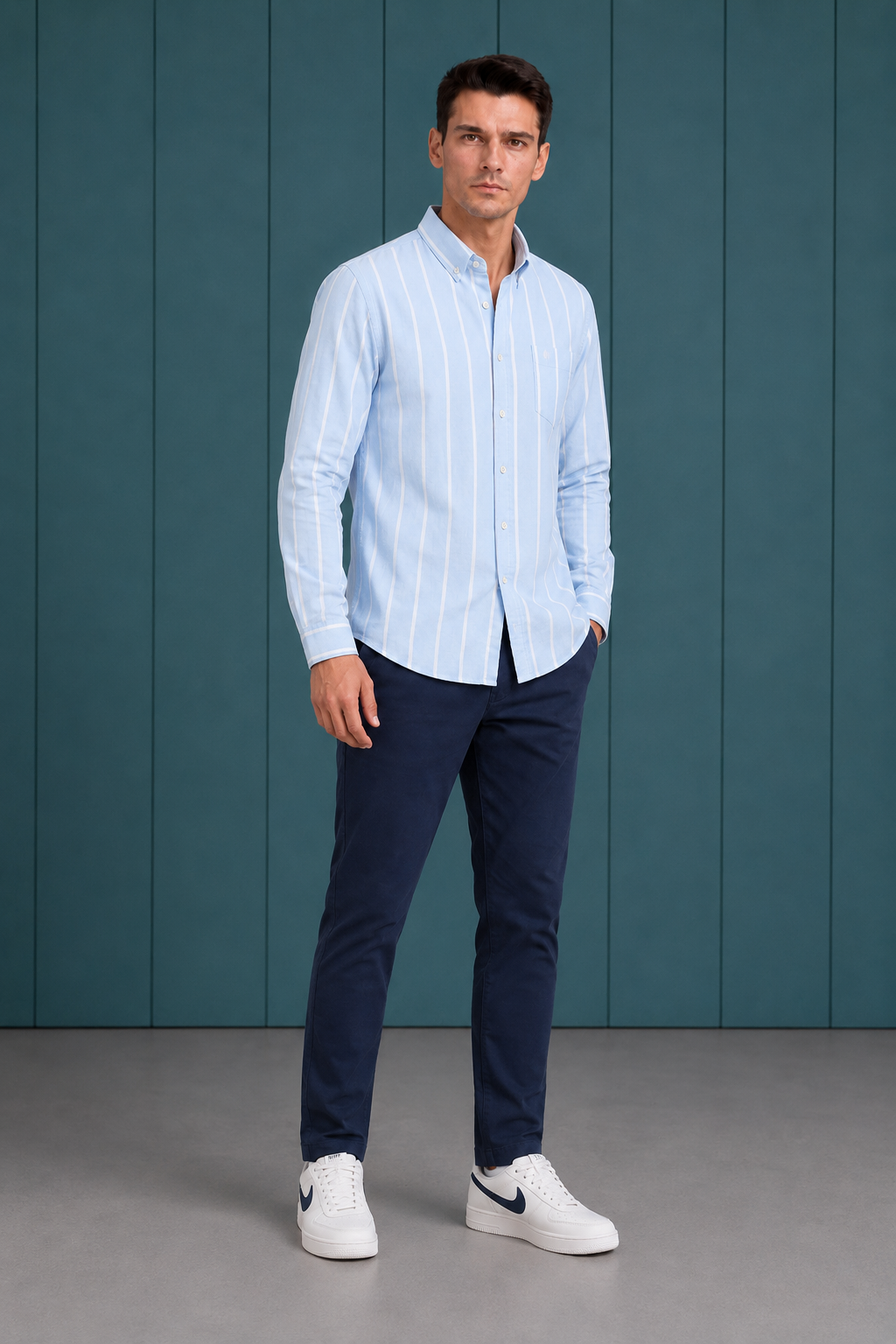 Men’s Sky Oxford Stripe Full Sleeve Shirt | Button-Down Collar Regular Fit