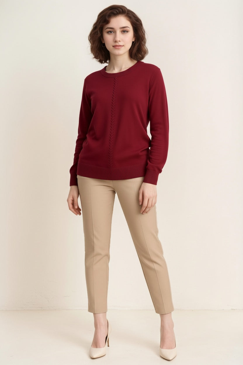 Women Cable Knit Solid Pullover Round Neck Sweater