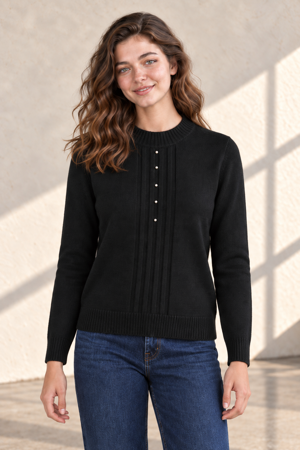 Women’s Black Acrylic Knit Sweater – Regular Fit Full Sleeve Winter Pullover
