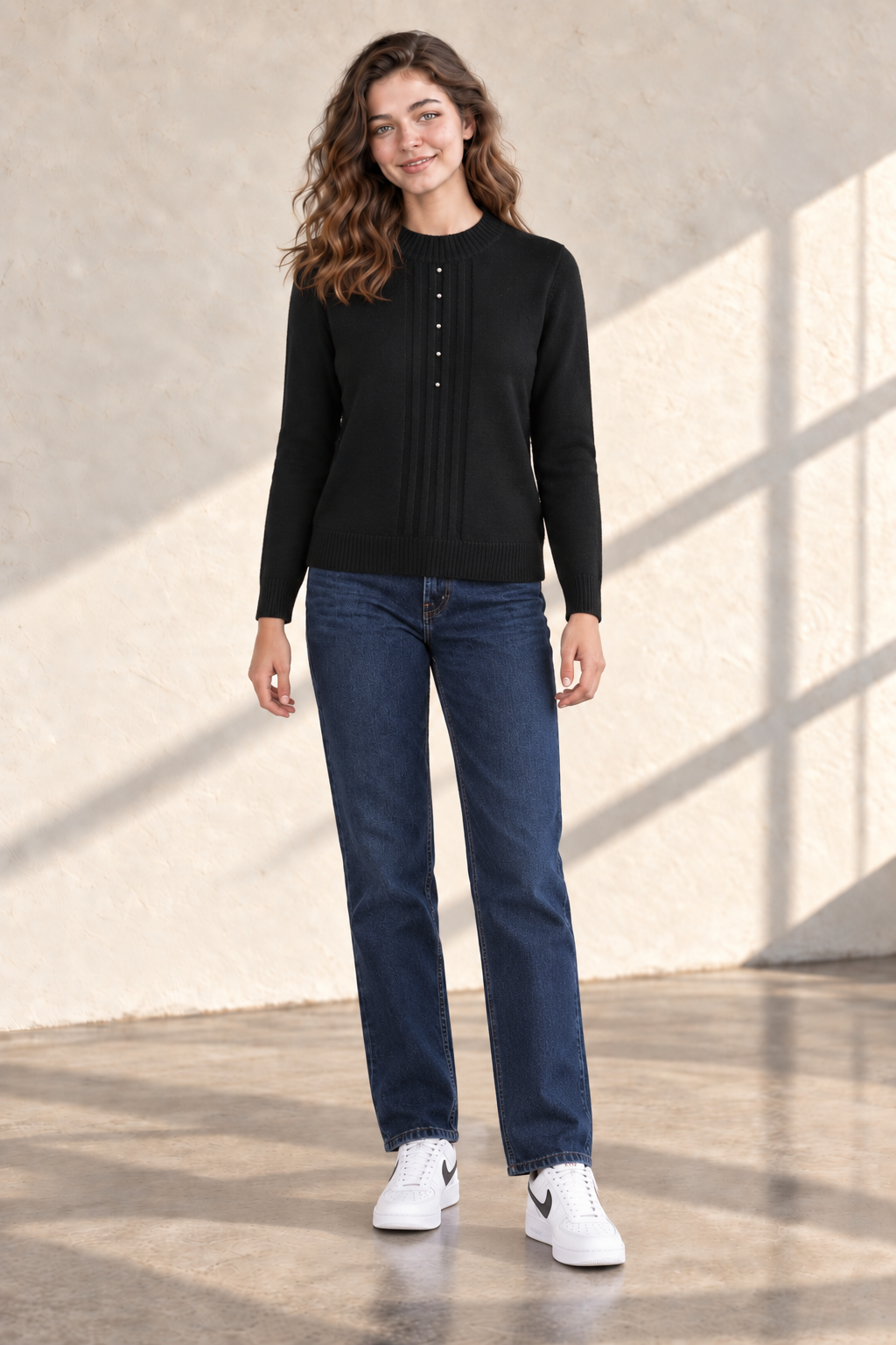 Women’s Black Acrylic Knit Sweater – Regular Fit Full Sleeve Winter Pullover