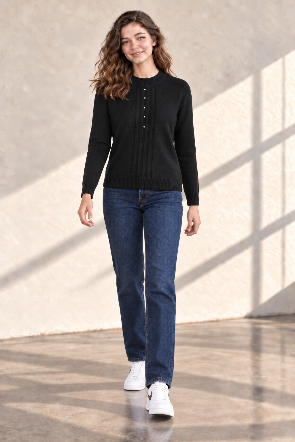 Women’s Black Acrylic Knit Sweater – Regular Fit Full Sleeve Winter Pullover