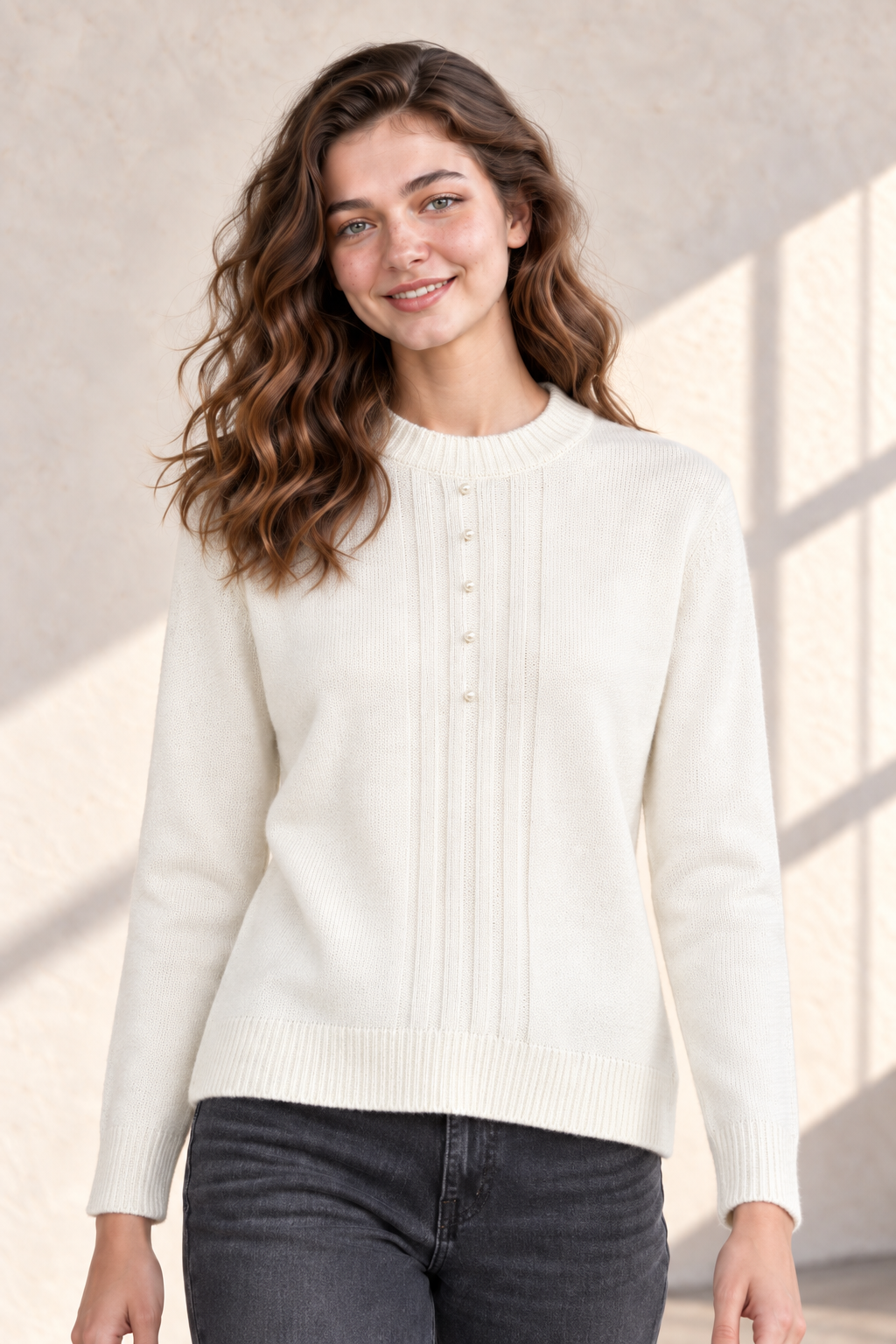 Women’s Off White Acrylic Knit Sweater – Regular Fit Full Sleeve Winter Pullover