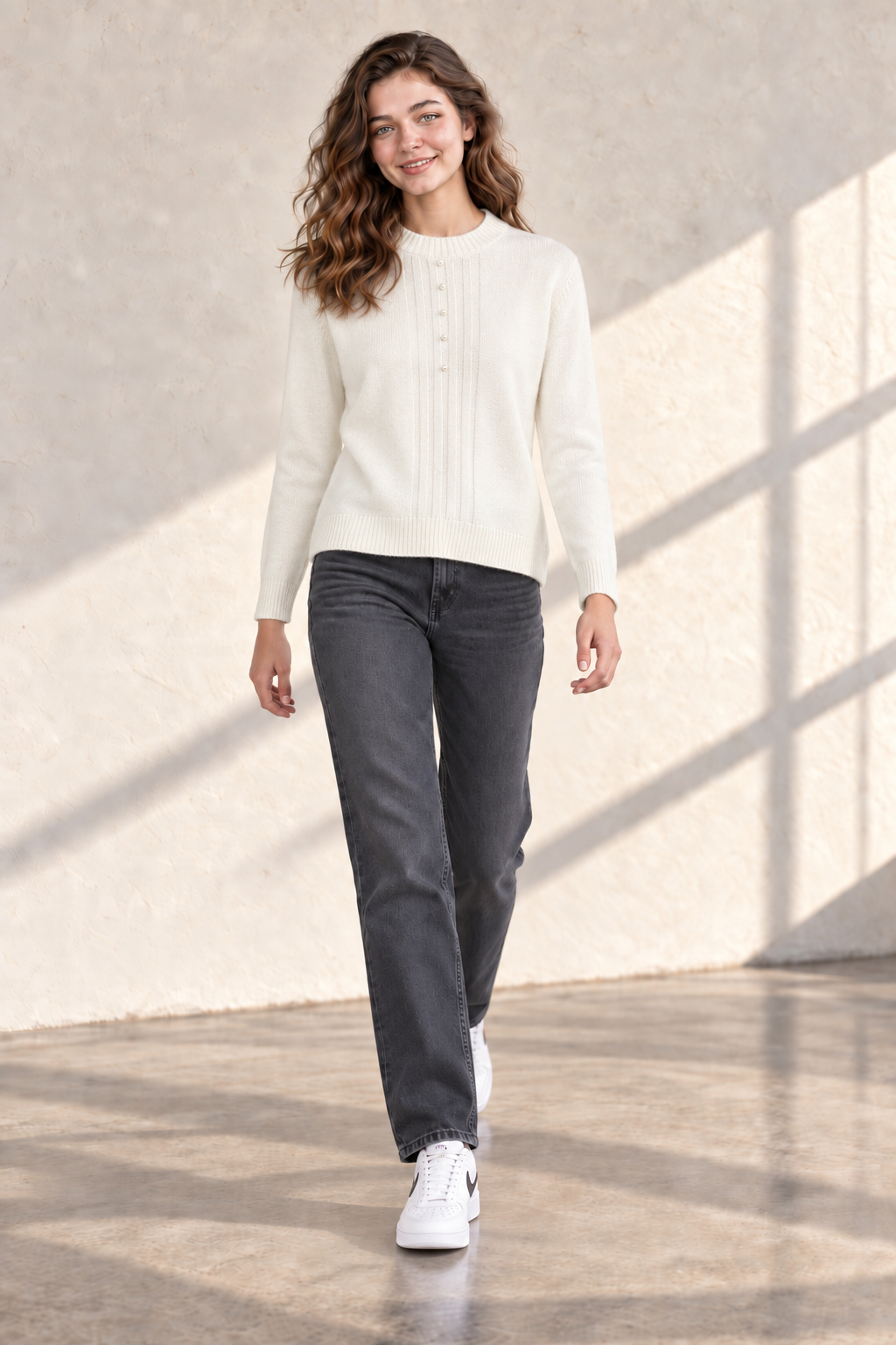 Women’s Off White Acrylic Knit Sweater – Regular Fit Full Sleeve Winter Pullover