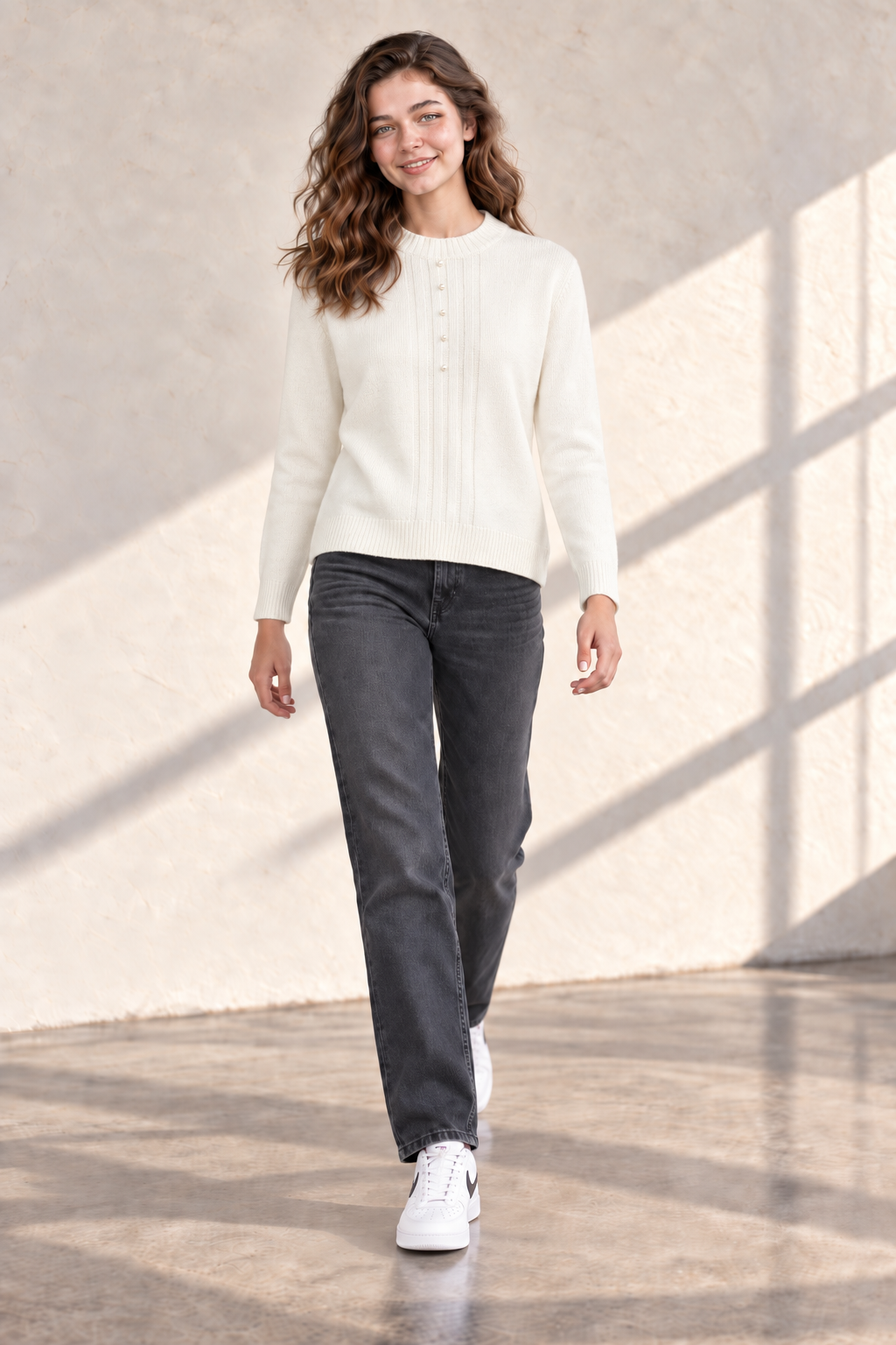 Women’s Off White Acrylic Knit Sweater – Regular Fit Full Sleeve Winter Pullover