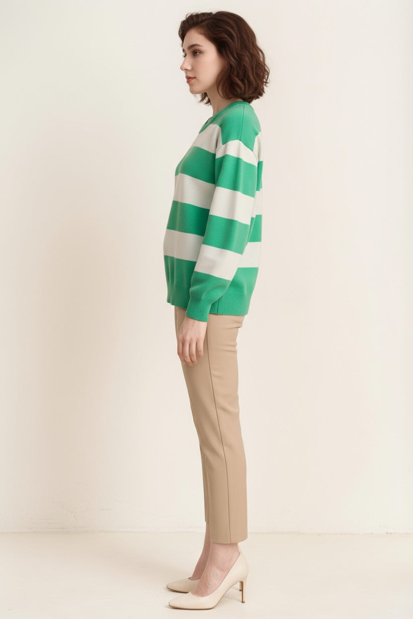 Women Striped Round Neck Pullover Sweater
