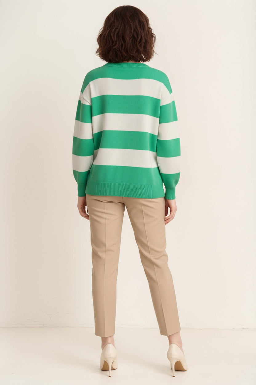 Women Striped Round Neck Pullover Sweater