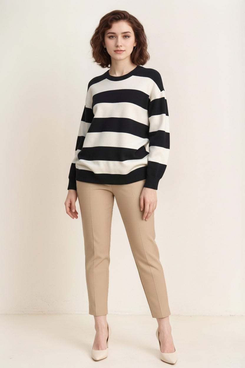Women Striped Round Neck Pullover Sweater