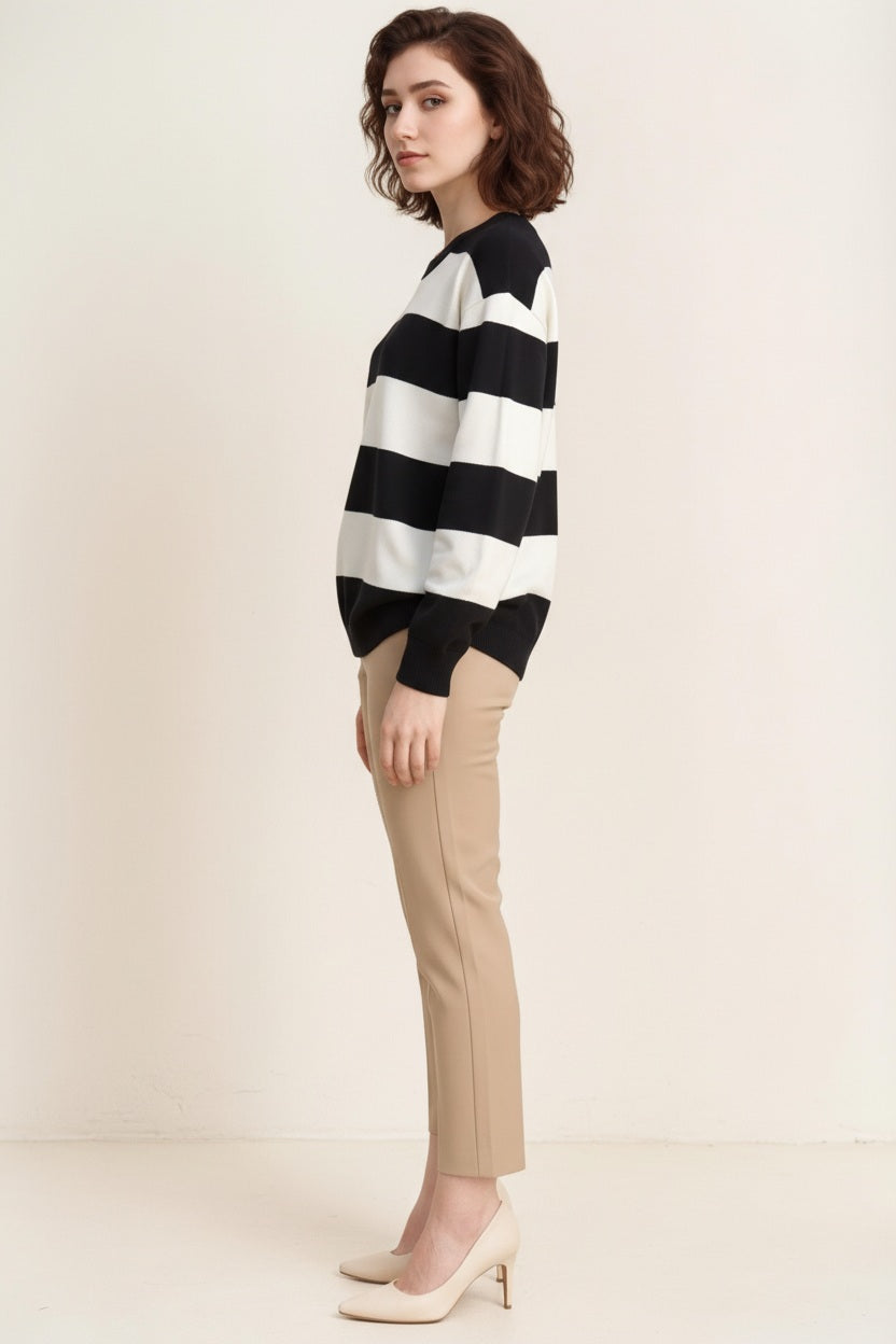 Women Striped Round Neck Pullover Sweater