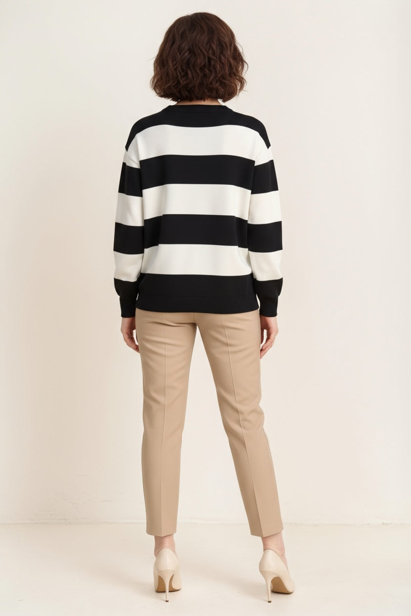 Women Striped Round Neck Pullover Sweater