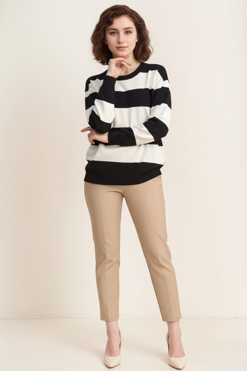 Women Striped Round Neck Pullover Sweater