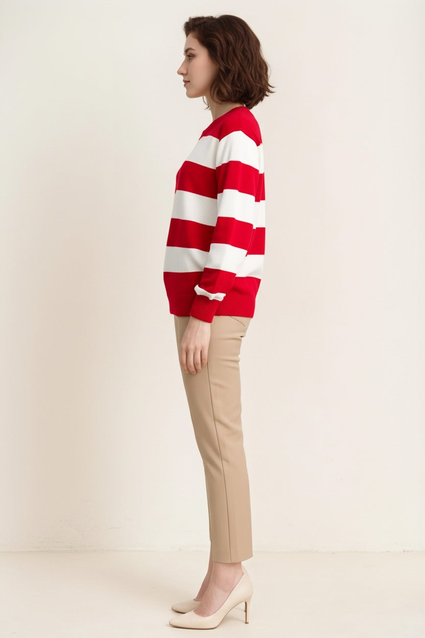 Women Striped Round Neck Pullover Sweater