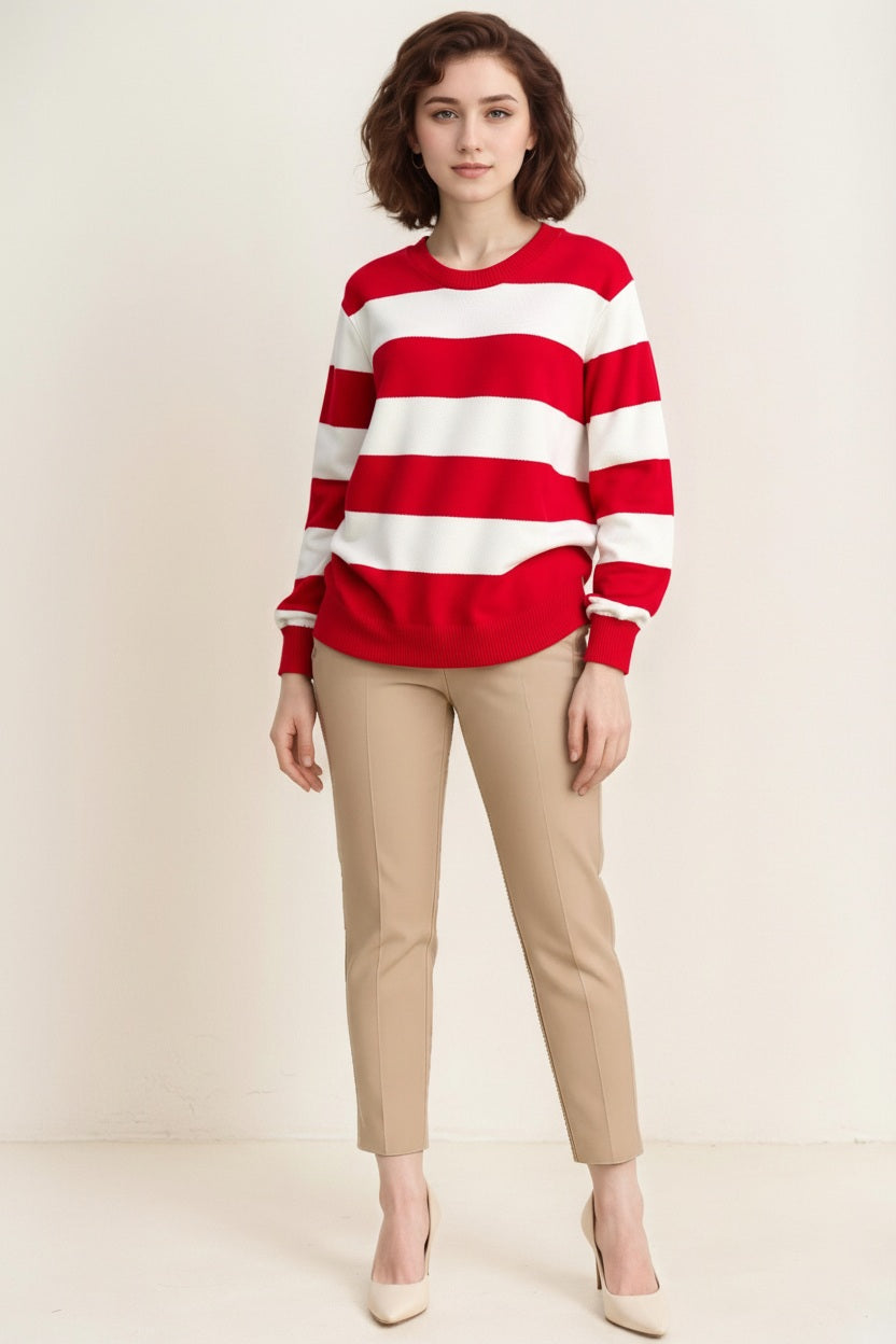 Women Striped Round Neck Pullover Sweater