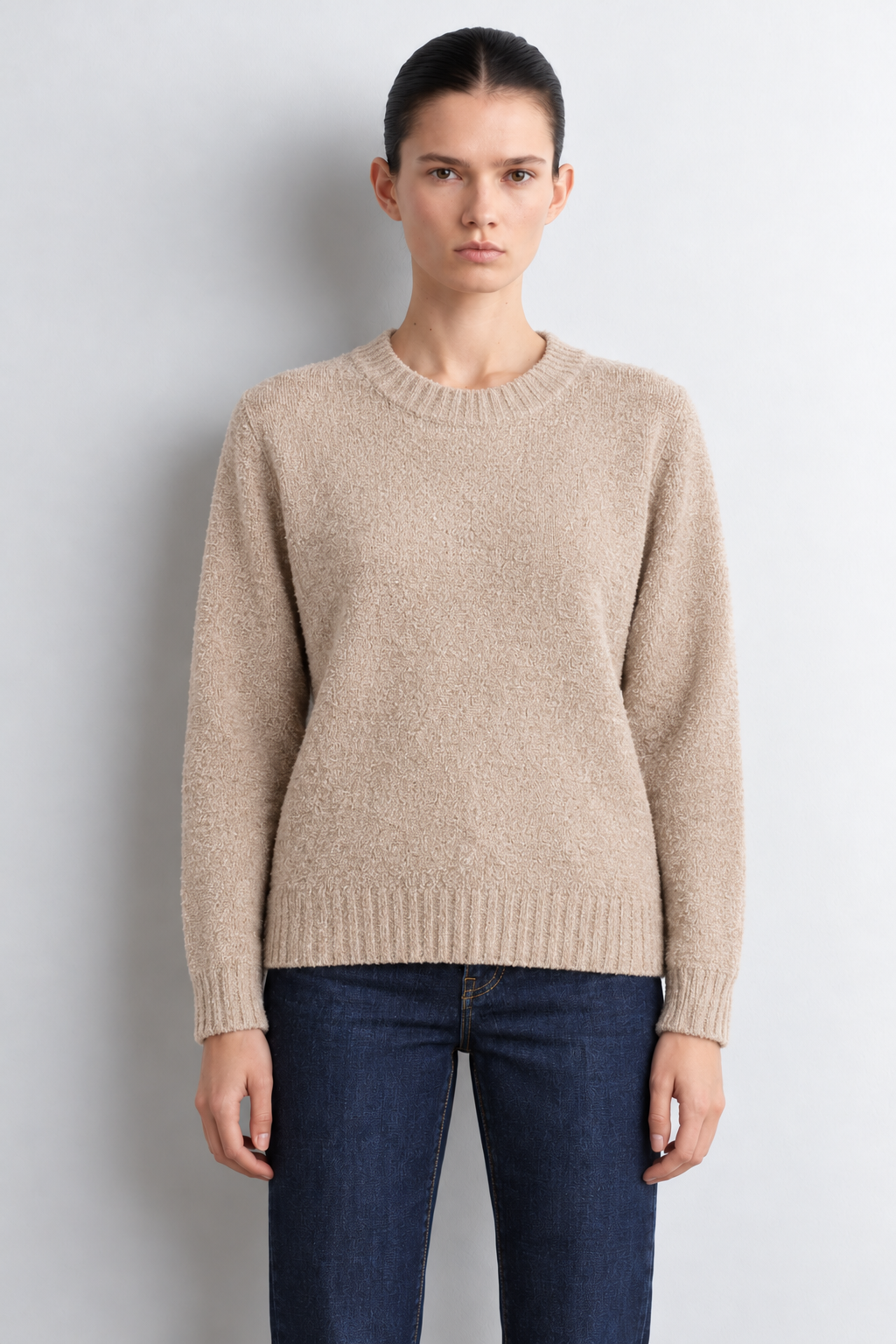 Women’s Beige Knitted Towel Yarn Sweater with Crew Neck and Full Sleeves