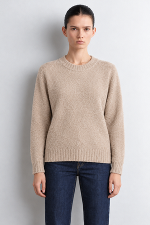Women’s Beige Knitted Towel Yarn Sweater with Crew Neck and Full Sleeves