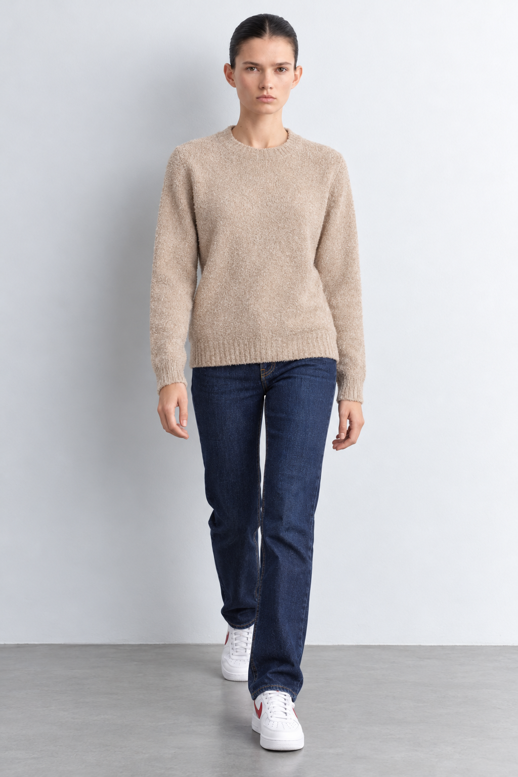 Women’s Beige Knitted Towel Yarn Sweater with Crew Neck and Full Sleeves