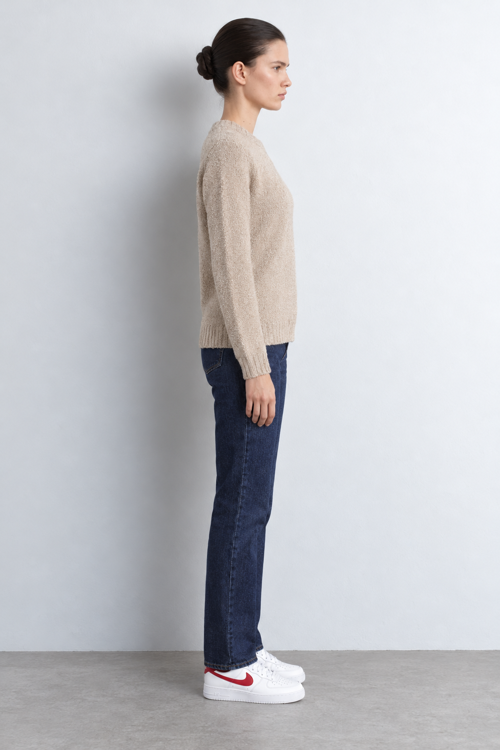 Women’s Beige Knitted Towel Yarn Sweater with Crew Neck and Full Sleeves