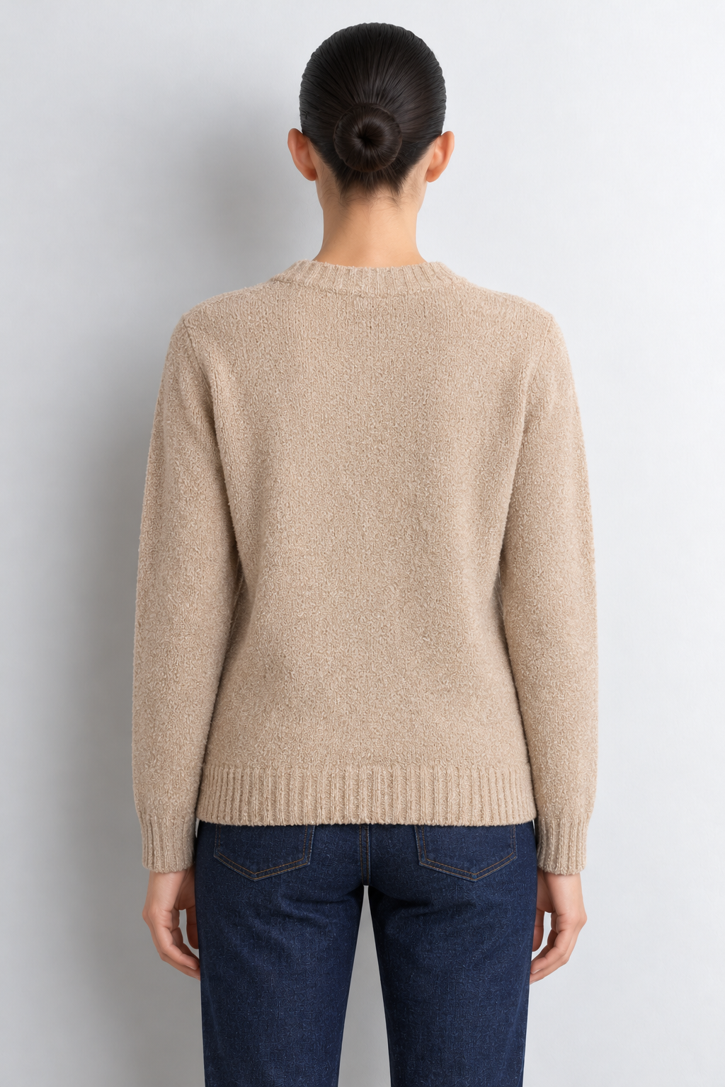 Women’s Beige Knitted Towel Yarn Sweater with Crew Neck and Full Sleeves