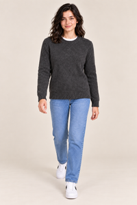 Women's Regular Fit Knitted Wool Crew Neck Sweater with Soft Textured Finish – Black