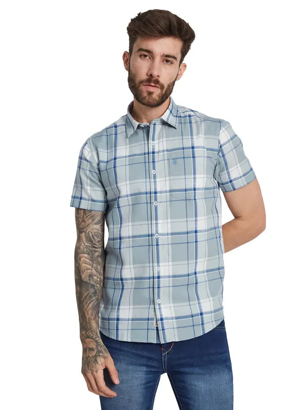 Mettle Tartan Checked Spread Collar Short Sleeves Cotton Casual Shirt